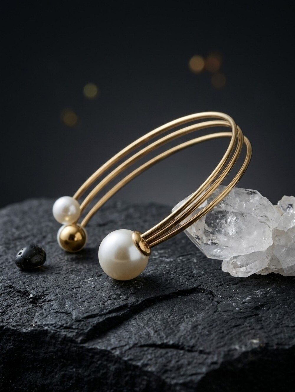 Faux Pearl Open Cuff Bracelet 14K Gold Plated Stainless Steel Stud Earrings Set - Picture 10 of 15